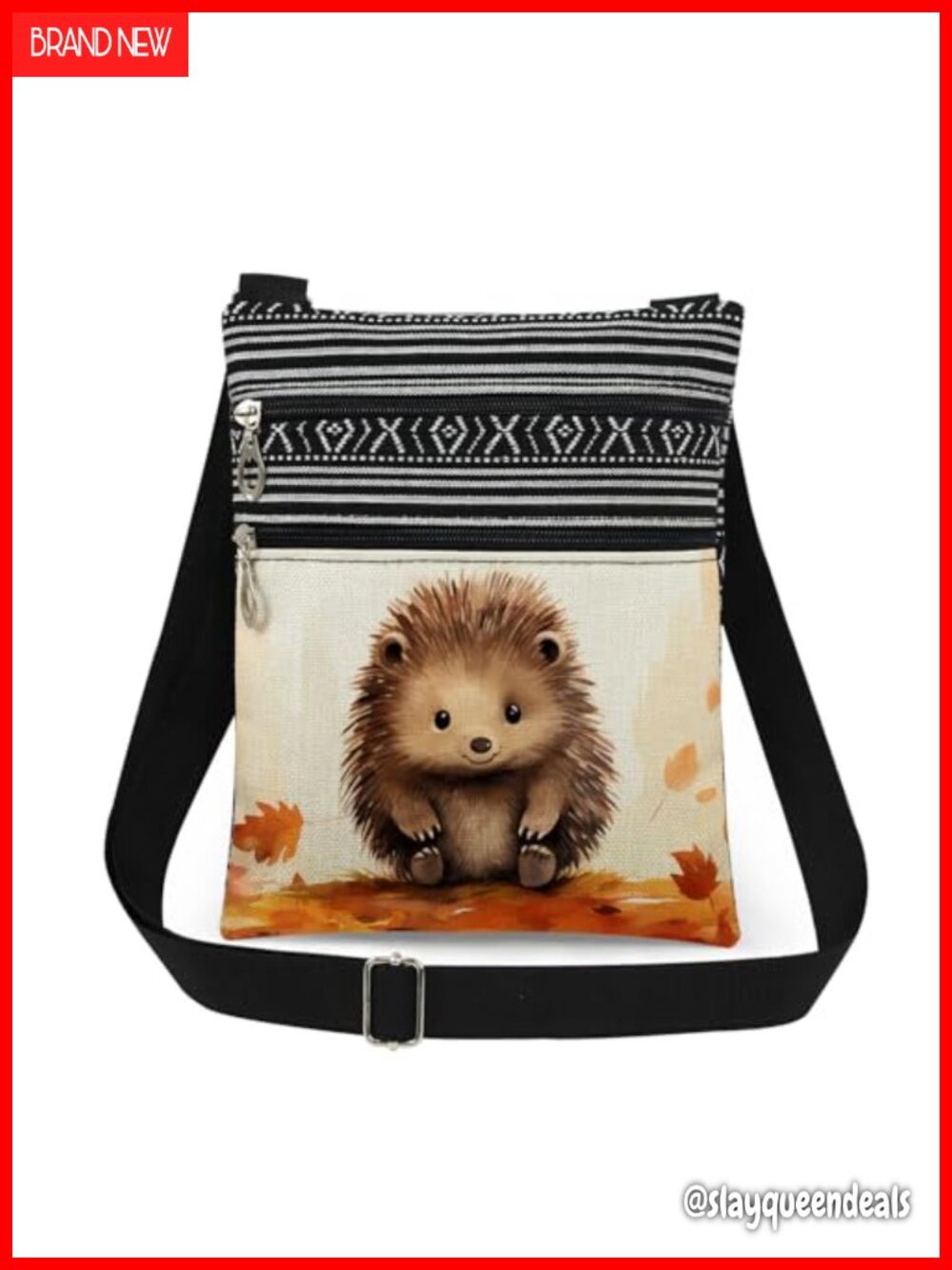 Polyester Hedgehog Print Crossbody Bag Adjustable Strap Double Zipper